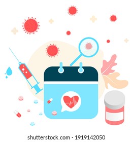 Vaccination concept. Immunization campaign. COVID-19 Virus Vaccine shot. Health care and protection. Medicine and syringe with a vaccine bottle protection shield and virus. Medical treatment icons.