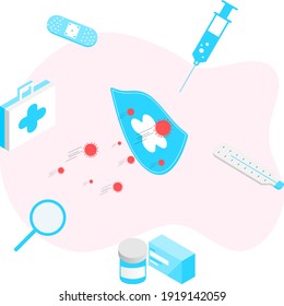 Vaccination concept. Immunization campaign. COVID-19 Virus Vaccine shot. Health care and protection. Medicine and syringe with a vaccine bottle protection shield and virus. Medical treatment icons.