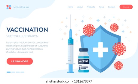 Vaccination concept. Immunization campaign. Vaccine shot. Health care and protection. Syringe with a vaccine bottle protection shield and virus. Medical treatment. Flat vector illustration.