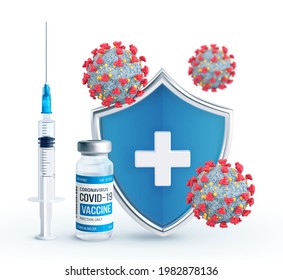 Vaccination concept. Immunization campaign. Vaccine shot. Health care and protection. Syringe with a vaccine bottle protection shield and virus cells. Medical treatment. Realistic vector illustration.