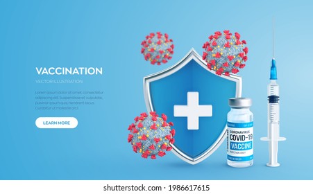 Vaccination concept. Immunization campaign. Vaccine shot. Health care and protection. Syringe with a vaccine bottle protection shield and virus cells. Medical treatment. Realistic vector illustration.