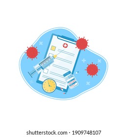 Vaccination concept, injection. Vaccination of adults and children. Vaccination against coronavirus. Isolated flat vector illustration with syringe, vaccine bottle, viruses, clock, blank form.