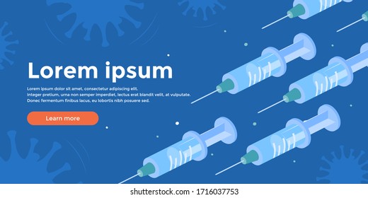 Vaccination concept with isometric syringes. Vector illustration on a blue background. Horizontal template for medical designs, web banners, posters, Hero images.
