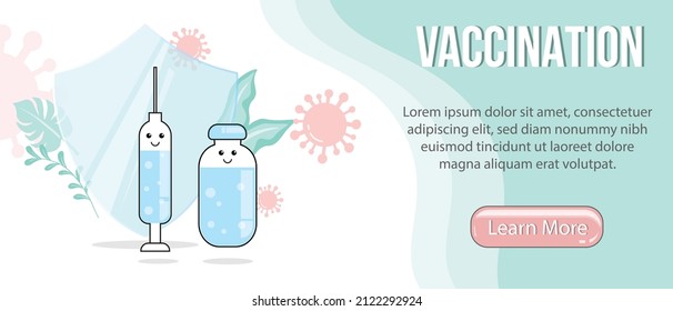 Vaccination Concept Landing Page Design Vorlage Flache Vektorgrafik für Web-Design. Design-Cartoon-Impfstoff und Spritze für das Coronavirus-Konzept. covid-19-Virus-Symbole. Schaltfläche Text und mehr lesen