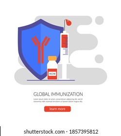 Vaccination concept. Landing page template, banner, icon. Modern immunization concept for web design with syringe, vaccine, bottle, antibodies and virus. Flat vector illustration, isolated objects.