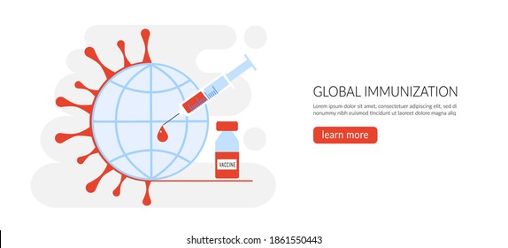 Vaccination concept. Landing page template, banner, icon. Modern immunization concept for web design with syringe, vaccine, bottle, antibodies and virus. Flat vector illustration, isolated objects.