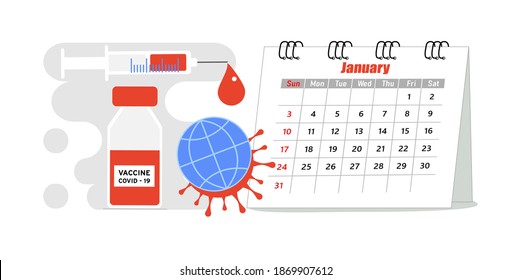 Vaccination concept. Landing page template, banner, icon. Modern immunization concept for web design with syringe, vaccine, bottle, antibodies and virus. Flat vector illustration, isolated objects.