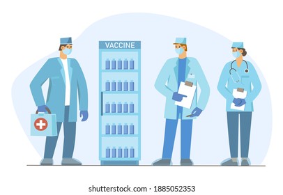 Vaccination concept. Male and female doctors with vaccines fridge.  2019-ncov vaccine medicine. Vector flat illustration.Can use for, landing page, template, web, homepage, poster, banner, flyer