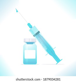 Vaccination concept. Medical syringe with drop of vaccine on needle and vial of medicine, protection from disease. Healthcare and immunization, vector illustration