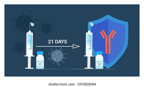 Vaccination concept. Modern immunization concept, design with syringe, vaccine, bottle with vaccine, antibodies sign, medical shield. Covid-19 vaccination. Template, banner, poster, background