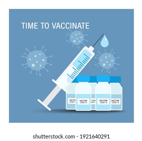 Vaccination concept. Modern immunization concept for web design with syringe, vaccine, bottle with vaccine. Covid-19 vaccination. Template, banner, poster, icon. Flat vector illustration.