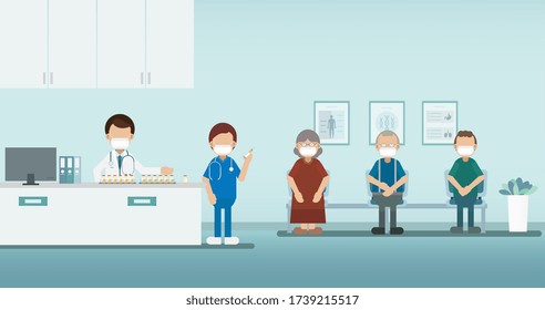 Vaccination concept with nurse hold syringe with vaccine flat design vector illustration