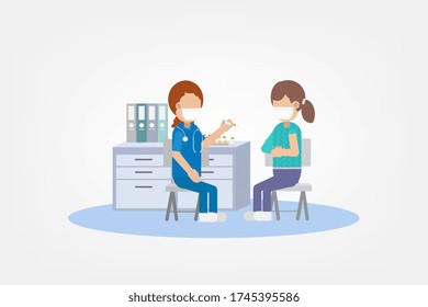 Vaccination concept with nurse hold syringe with vaccine flat design vector illustration