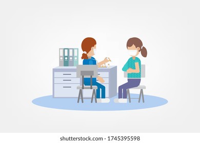 Vaccination concept with nurse hold syringe with vaccine flat design vector illustration
