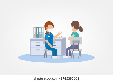 Vaccination concept with nurse hold syringe with vaccine flat design vector illustration