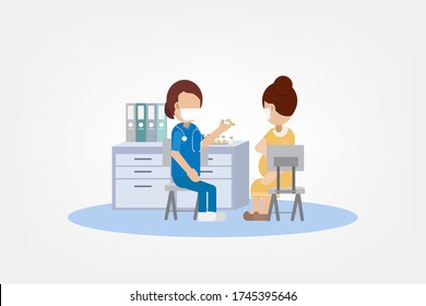 Vaccination concept with nurse hold syringe with vaccine flat design vector illustration