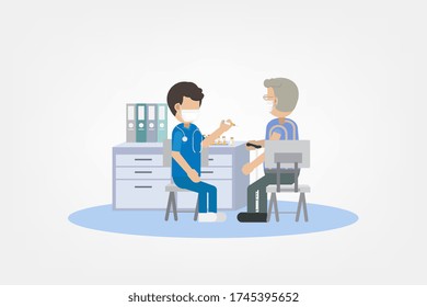 Vaccination concept with nurse hold syringe with vaccine flat design vector illustration