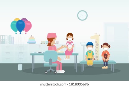 Vaccination concept with nurse hold syringe with vaccine flat design vector illustration