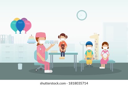 Vaccination concept with nurse hold syringe with vaccine flat design vector illustration
