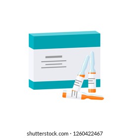 Vaccination concept. Packaging box for ampoules, vector illustration in flat style