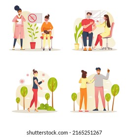 Vaccination concept with people scene set. Men and women go to clinic to get shot of vaccine against coronavirus and viruses, vaccinated people walk in park. Vector illustration in flat design for web