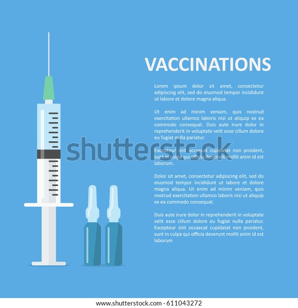 ワクチン接種のコンセプトポスター ワクチンを含む医療用注射器とアンプル 子どもや大人向けのワクチン接種に専念した医療背景 のベクター画像素材 ロイヤリティフリー