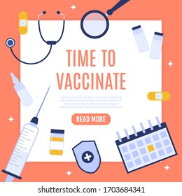 Vaccination concept poster with text place. Vector medical illustration. Time to vaccinate. Landing page Vaccination. Flu immunization treatment. Virus prevention hospital vaccinate health care.