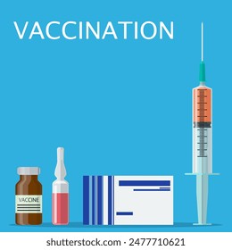 Vaccination concept poster.Ampoules and syringe with amedicament. vector medical illustration in flat style