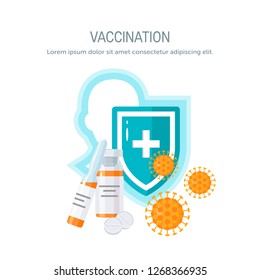 Vaccination Concept. Shield, Vials With Vaccine And Viruses In Front Of It. Vector Illustration In Flat Style