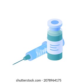 Impfkonzept. Spritze und Flasche Impfstoff, Vektorgrafik auf isometrischem Hintergrund