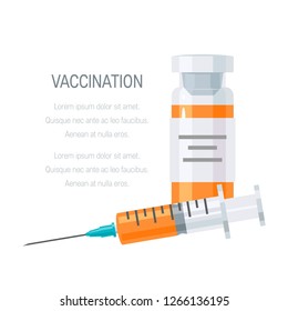 Vaccination Concept. Syringe And Bottles Of Vaccine, Vector Illustration In Flat Style. Square Template For Brochure Or Web Banner