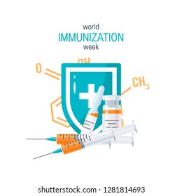 Vaccination Concept. Syringe And Bottles Of Vaccine, Vector Illustration In Flat Style. Template For Brochure Or Web Banner