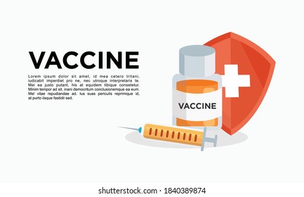 Vaccination concept. Syringe and bottles of vaccine, vector illustration in flat style. Square template for brochure or web banner