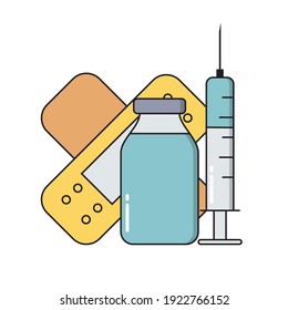 Vaccination Concept. Syringe, vaccine and patch medical icons  in trendy line style isolated on white background for web applications and mobile concepts. Vector illustration EPS10