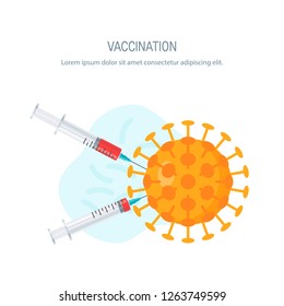 Vaccination concept. Syringes piercing the virus, vector illustration in flat style. Template for brochure or web banner