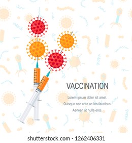 Vaccination concept. Syringes piercing viruses, vector illustration in flat style. Square template for brochure or web banner