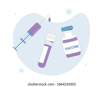 Vaccination concept. Vaccine injection for protection from coronavirus vaccine complete development. Corona virus injection syringe. Research of treatment and prevention medicine. Vector illustration.