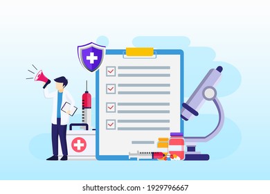 Vaccination concept Vector illustration, cure for Corona virus, time to vaccinate, doctors with syringe, vaccine bottle. Flat vector template Style Suitable for Web Landing Page, Background. 