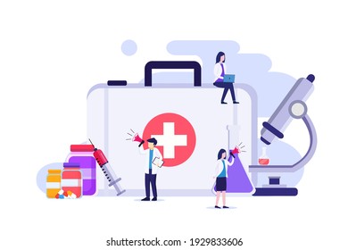 Vaccination concept Vector illustration, cure for Corona virus, time to vaccinate, doctors with syringe, vaccine bottle. Flat vector template Style Suitable for Web Landing Page, Background. 