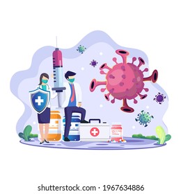 Vaccination concept Vector illustration. Doctors with injections are fighting against the covid-19 coronavirus. Flat vector template Style Suitable for Web Landing Page, Background.
