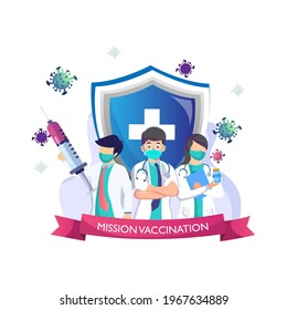 Vaccination concept Vector illustration. Doctors with injections are fighting against the covid-19 coronavirus. Flat vector template Style Suitable for Web Landing Page, Background.
