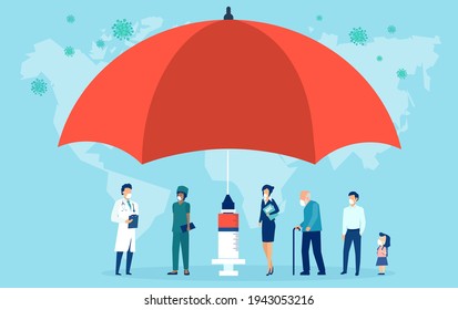 Vaccination concept. Vector of a umbrella shaped syringe with vaccine for COVID-19 and risk group of people waiting in line 