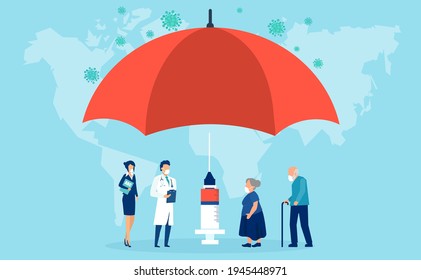 Vaccination concept. Vector of an umbrella shaped syringe with vaccine for COVID-19 and elderly people waiting in line to receive a vaccine 