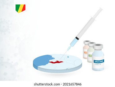 Vacunación en Congo con diferentes tipos de vacuna COVID-19. С con la inyección de la vacuna en el mapa del Congo. Ilustración vectorial.