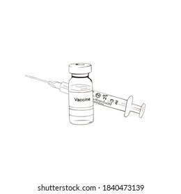 Vaccination Corona.Injection icon drawing in outline style. Medical symbol, vaccination, treatment concept. Vector medicine illustration. Sketch.