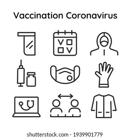 Vaccination coronavirus icons set. Keep your distance. PPE cover. Protective clothing mask, suit and gloves. Calendar with a double dose of vaccine shot. Online doctor. Editable stroke