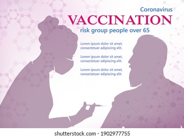 Vaccination coronavirus vaccine COVID-19 of at-risk patients, people over 65. Doctor, nurse injecting vaccine to man with beard. Disease prevention and health protection concept. Vector illustration