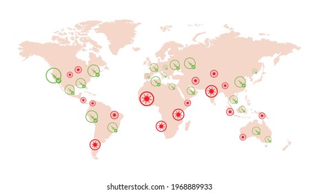 Vaccination in countries vector flat illustration isolated on white background. Global pandemic of Coronavirus outbreak on Earth is going down concept. Covid-19 vaccine in all countries in the world.