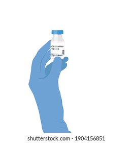 Vaccination covid 19 concept. Hand in blue glove holding a bottle with the vaccine. Vector illustration isolated