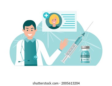 vaccination covid 19 syringe and vaccine dose covid vaccination certificate doctors' approval Concept illustration